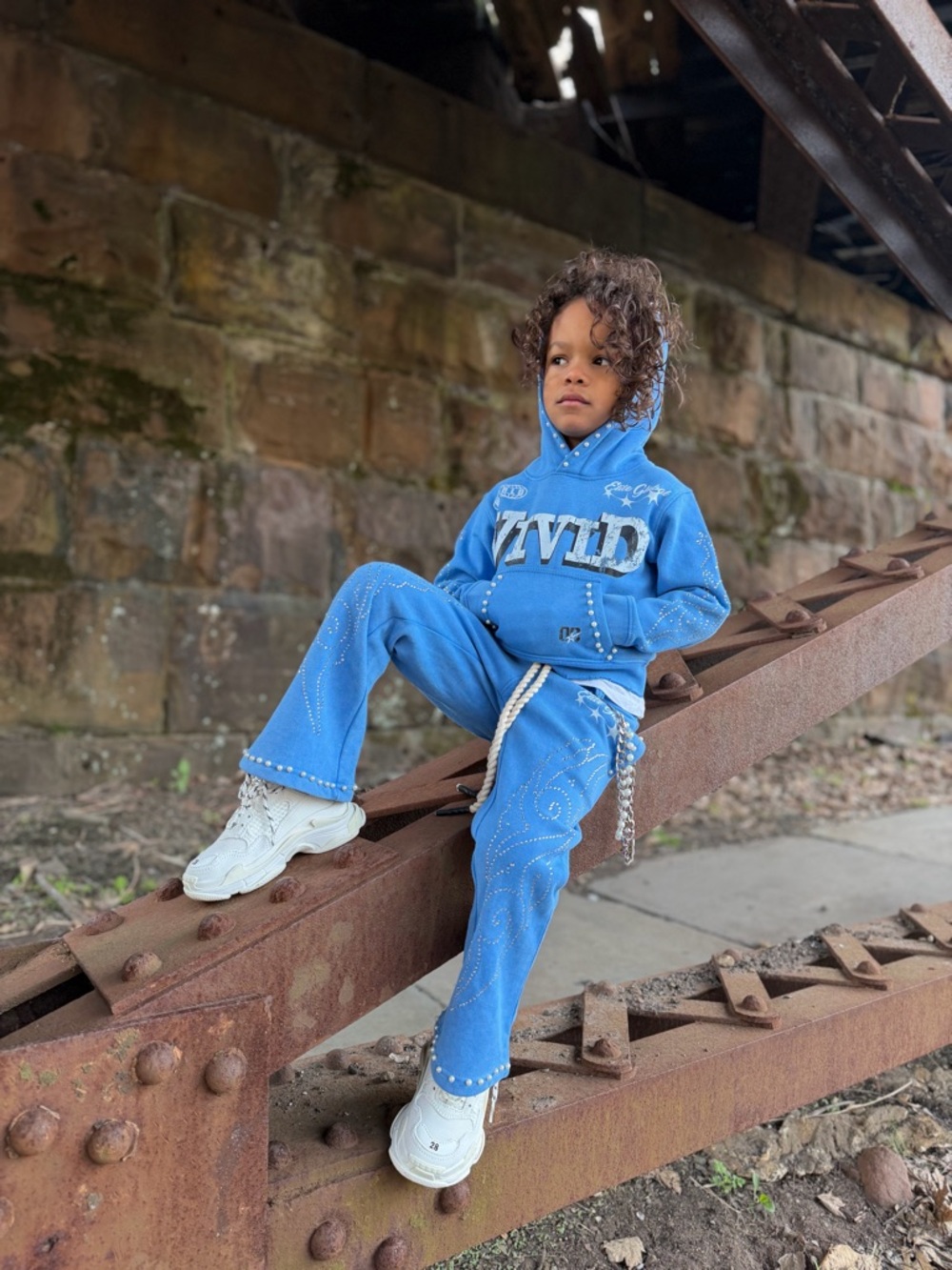 Elite Denim Blue Studded Hoodie & Rhinestone Flared Sweatpants Set